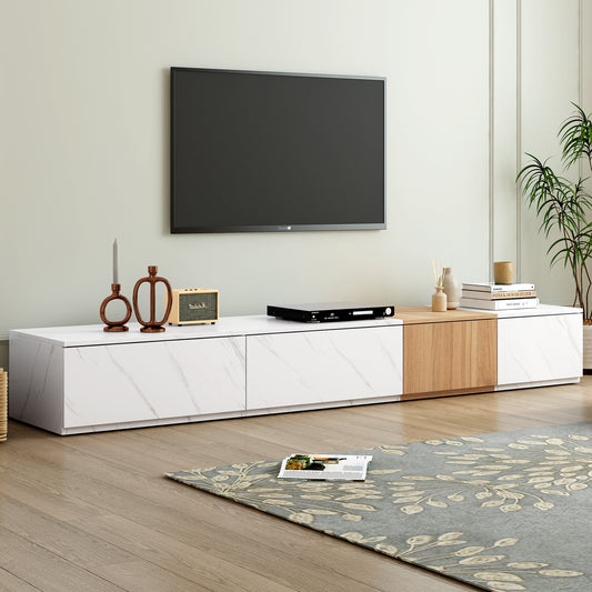 ON-TREND TV Stand with Faux Marble and Walnut Wood Grain Finish for TVs up to 88', White
