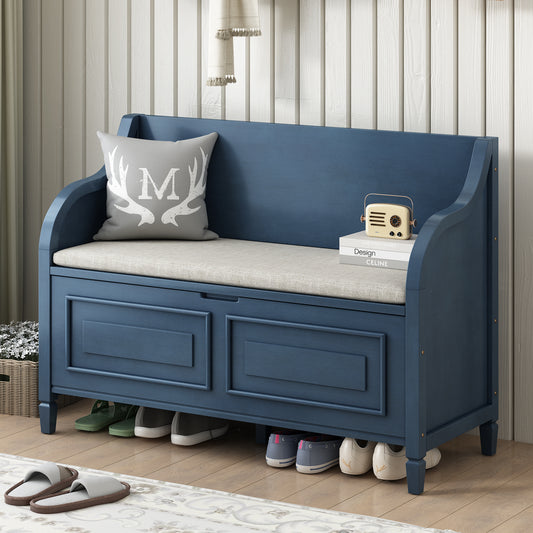 TREXM Rustic Style Solid wood Entryway Multifunctional Storage Bench with Safety Hinge (Antique Navy, Beige)