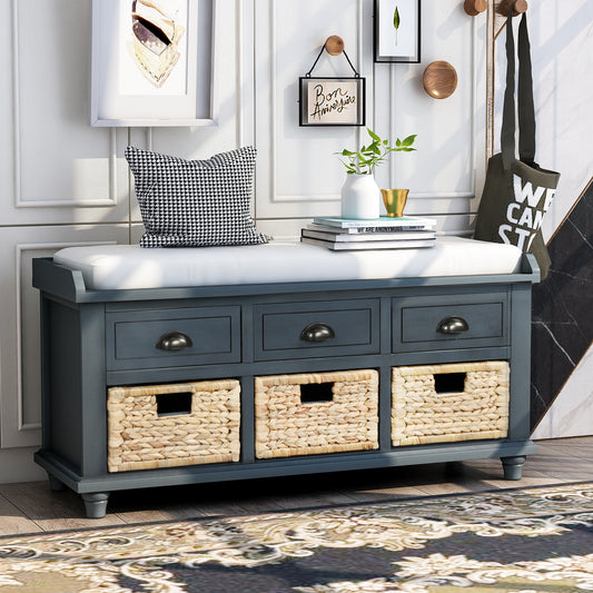 TREXM Rustic Storage Bench with 3 Drawers and 3 Rattan Baskets, Shoe Bench for Living Room, Entryway (Antique Navy)