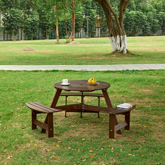 Outdoor 6 Person Picnic Table, 6 person Round Picnic Table with 3 Built-in Benches, Umbrella Hole, Brown