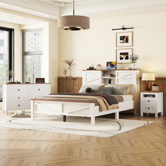 3-Pieces Bedroom Sets Queen Size, White + Brown
