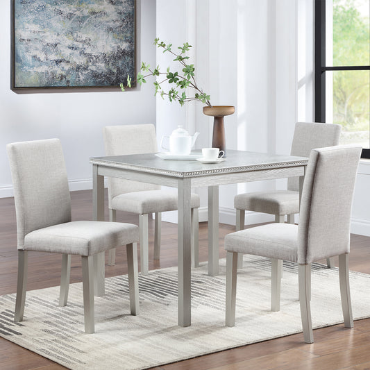 5 Piece Wooden Dining Table Set, Kitchen Table Set with a Square Table and 4 Upholstered Chairs, Silver grey