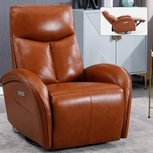 Genuine Leather Swivel and Rocker Power Recliner Chair with Lumbar Support, Max Swivel Degree 270°, Heavy Duty Motion Mechanism with USB and Type-C, Yellow Brown
