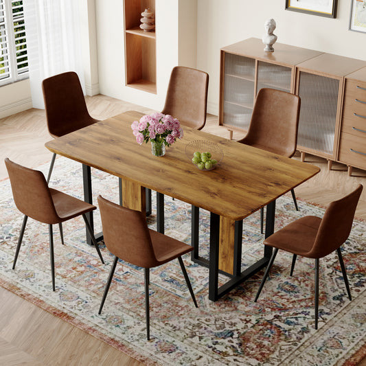 Table and chair set.67'x36' Wood-Textured MDF Dining Table Set with 6 Brown Suede Chairs