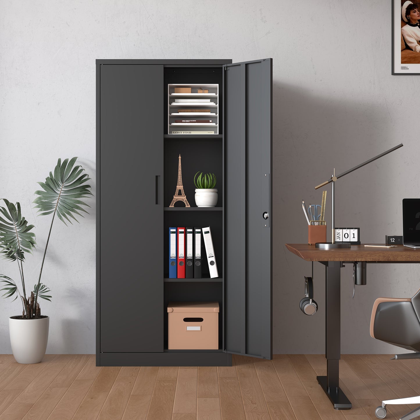 71'H Metal Garage Storage Cabinet, Black Tool Steel Locking Cabinet with Doors and 3 Shelves, Black