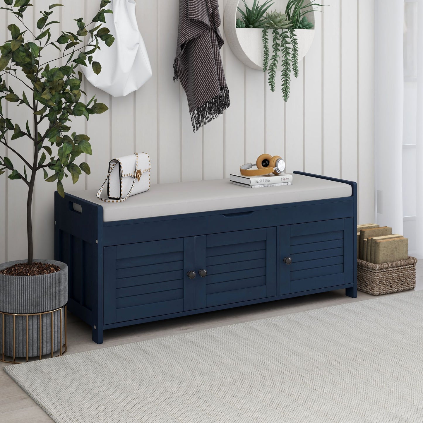 TREXM Storage Bench with 3 Shutter-shaped Doors, Shoe Bench with Removable Cushion and Hidden Storage Space (Antique Navy)