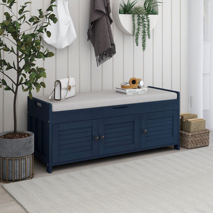 TREXM Storage Bench with 3 Shutter-shaped Doors, Shoe Bench with Removable Cushion and Hidden Storage Space (Antique Navy)