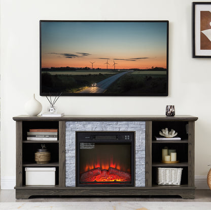 Mantel Electric Fireplace Stone TV Media Stand with Faux Stacked Stone Surround