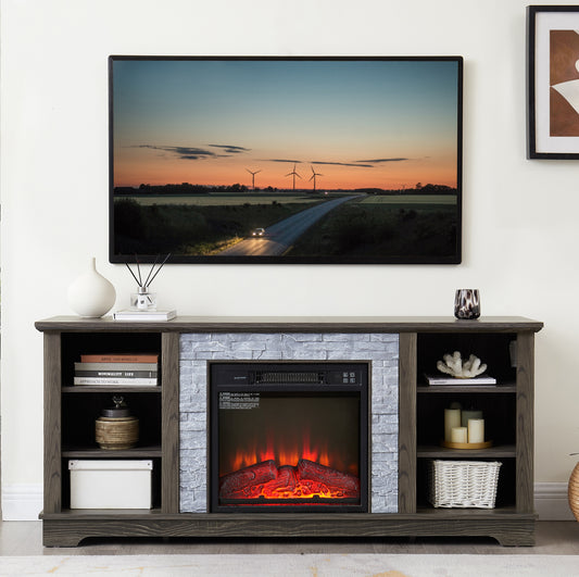 Mantel Electric Fireplace Stone TV Media Stand with Faux Stacked Stone Surround
