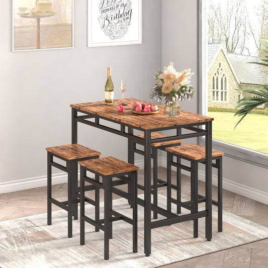 Bar table set 5PC Dinging table set with high stools, structural strengthening, industrial style. Rustic Brown, 43.31