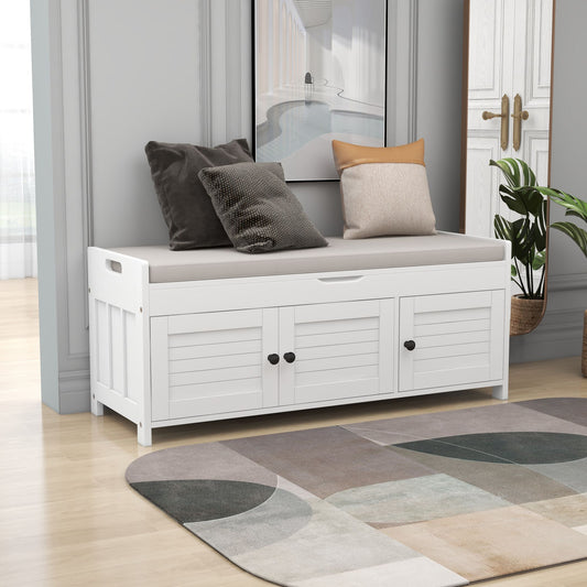 TREXM Storage Bench with 3 Shutter-shaped Doors, Shoe Bench with Removable Cushion and Hidden Storage Space, White